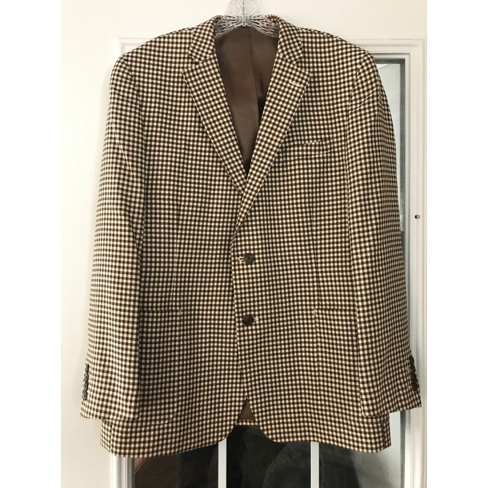 Stafford Sport Coat 44‎ REG Slim Fit Brown Gingham Check Wool Blazer